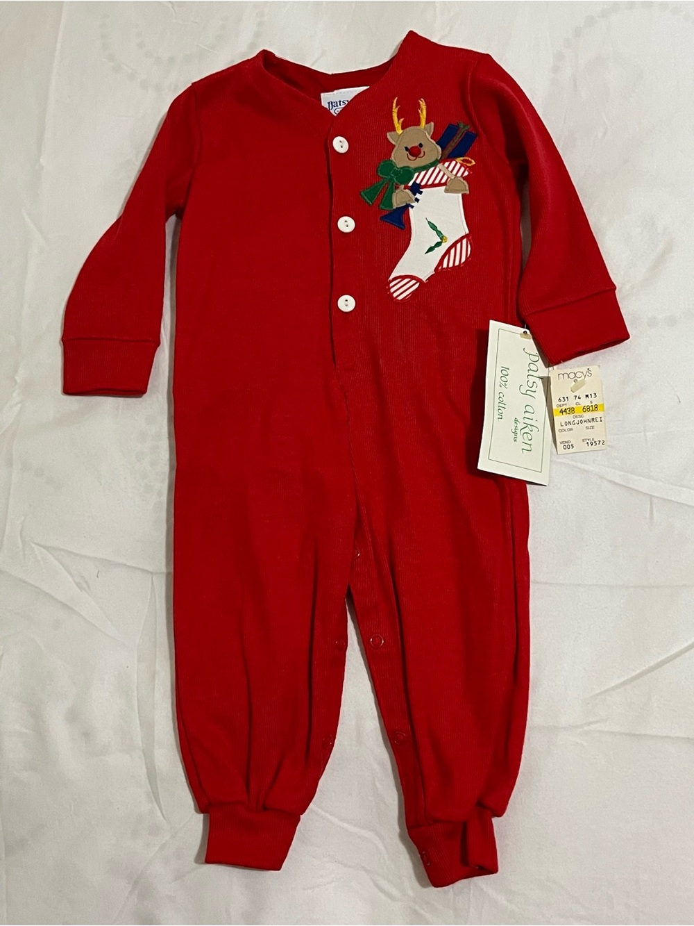 Vintage Patsy Aiken Red Reindeer Holiday Footie One-Piece Size 12 Month NWT